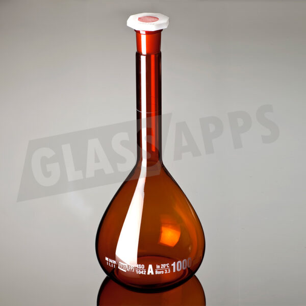 Amber Volumetric Flask Class A With Pe Stopper Batch Certificate Iso Glassapps 0555